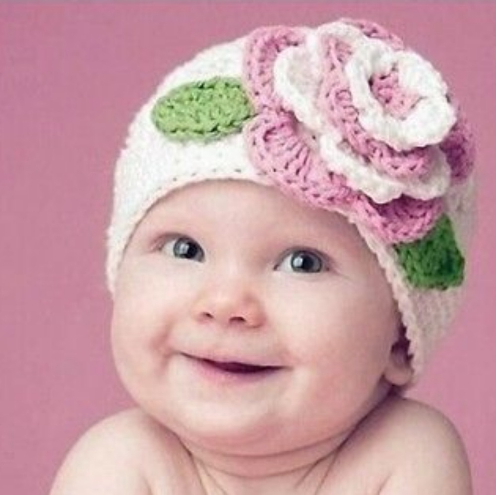 Girl's White Crochet Pink Flower Beanie Hat